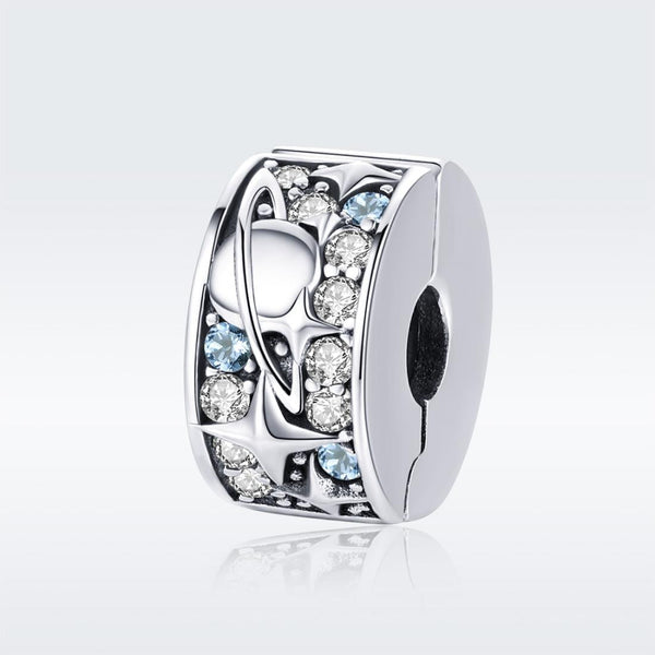 Planet Stars Sterling Silver CZ Buckle Clip Spacer Bead Charm Bracelet Necklace