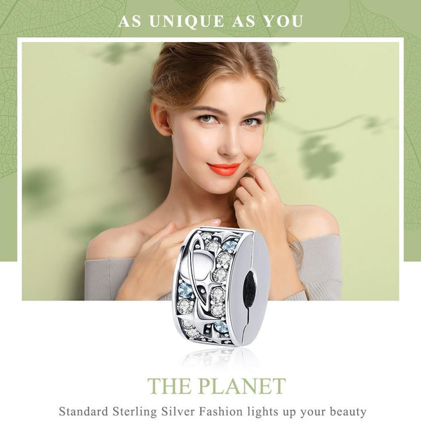 Planet Stars Sterling Silver CZ Buckle Clip Spacer Bead Charm Bracelet Necklace