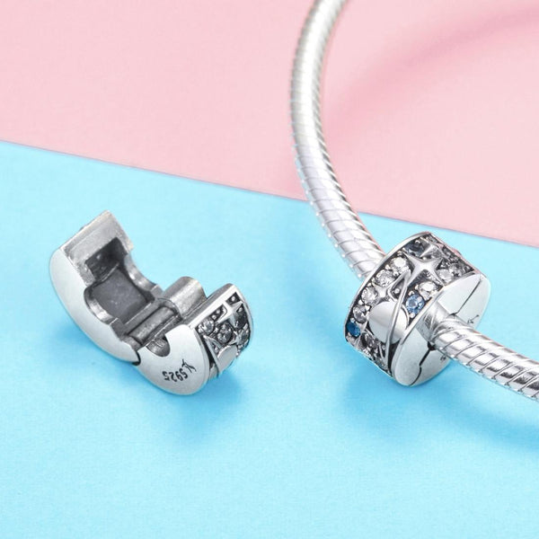 Planet Stars Sterling Silver CZ Buckle Clip Spacer Bead Charm Bracelet Necklace