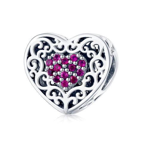 Filigree Heart Sterling Silver Zircon CZ Bead Charm Bracelet Necklace Pendant
