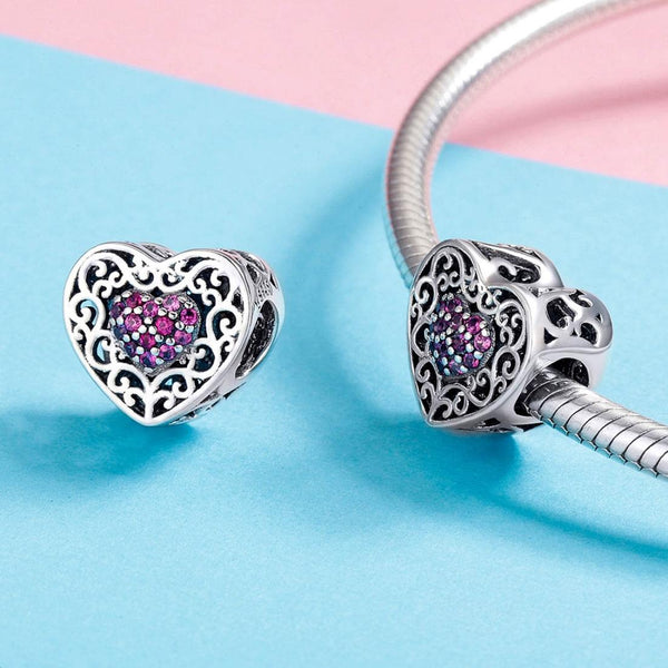 Filigree Heart Sterling Silver Zircon CZ Bead Charm Bracelet Necklace Pendant