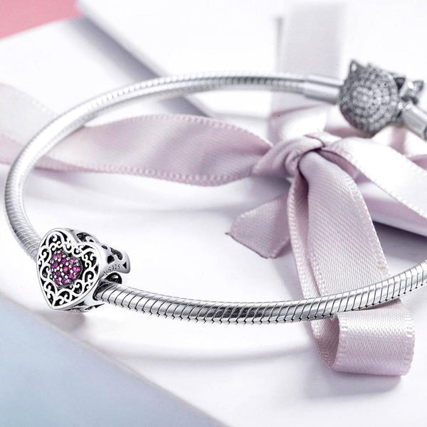 Filigree Heart Sterling Silver Zircon CZ Bead Charm Bracelet Necklace Pendant