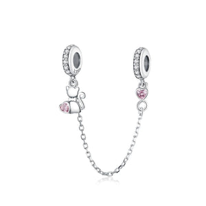 Love Cat Hearts Sterling Silver Zircon CZ Safety Chain For Bracelet