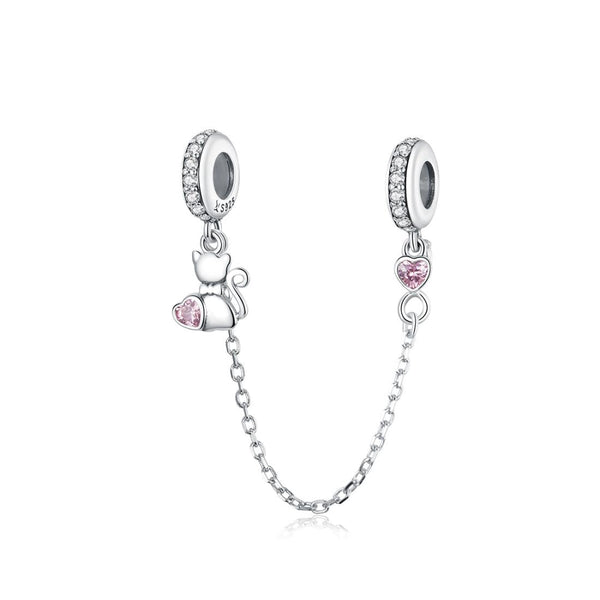 Love Cat Hearts Sterling Silver Zircon CZ Safety Chain For Bracelet