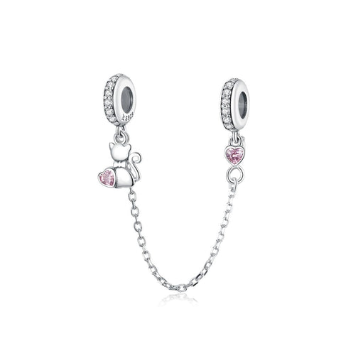 Love Cat Hearts Sterling Silver Zircon CZ Safety Chain For Bracelet