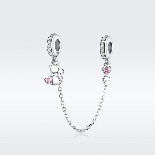 Love Cat Hearts Sterling Silver Zircon CZ Safety Chain For Bracelet