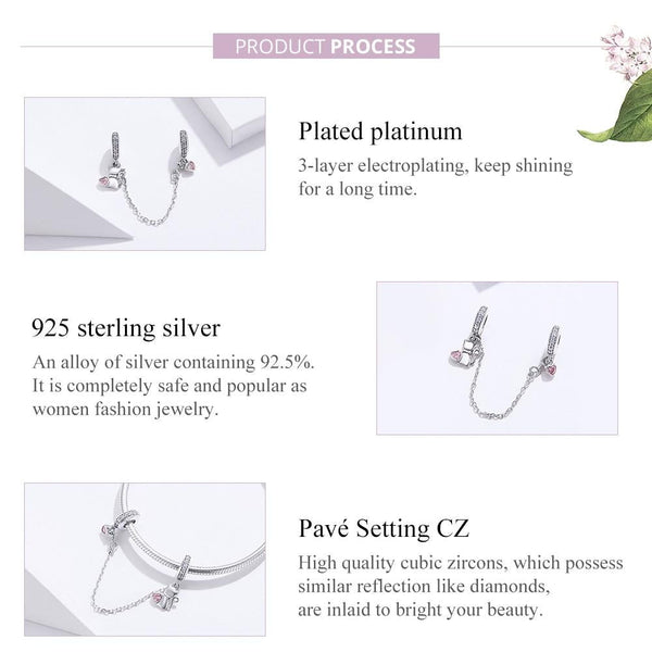 Love Cat Hearts Sterling Silver Zircon CZ Safety Chain For Bracelet