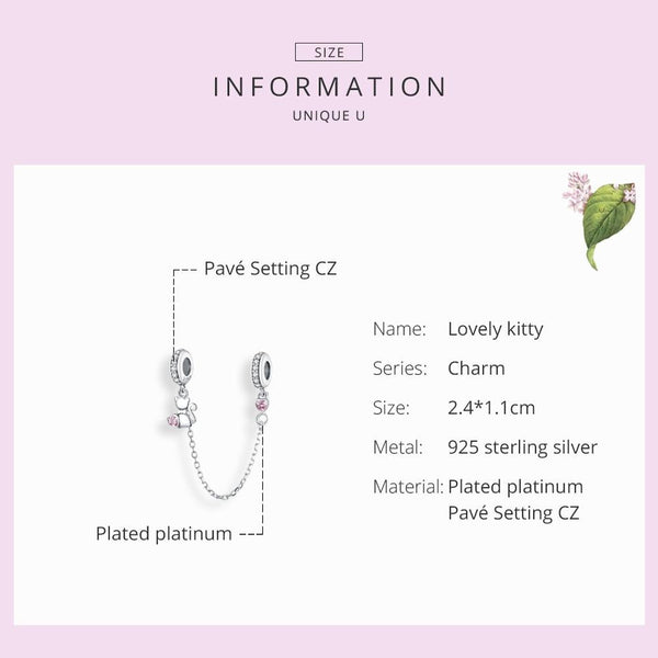 Love Cat Hearts Sterling Silver Zircon CZ Safety Chain For Bracelet