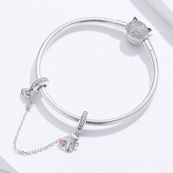 Love Cat Hearts Sterling Silver Zircon CZ Safety Chain For Bracelet