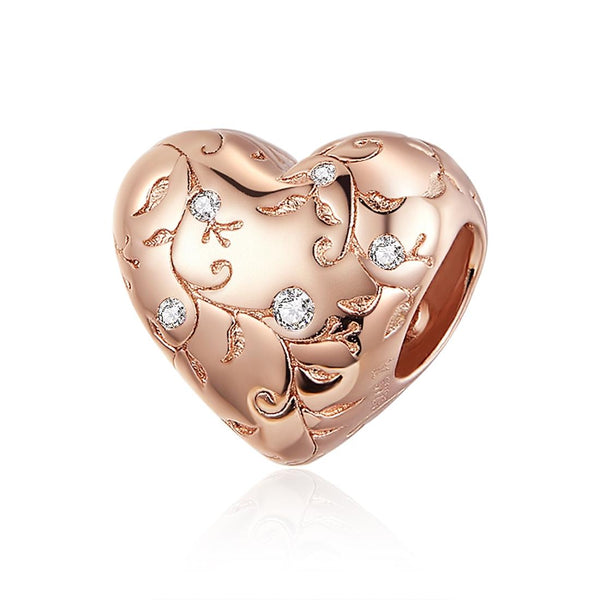Rose Gold Plated Heart Sterling Silver Ziron CZ Bead Charm Bracelet Necklace