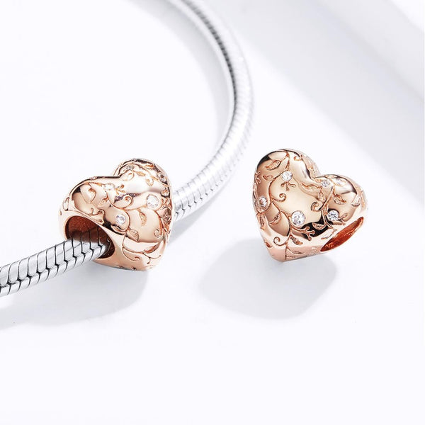 Rose Gold Plated Heart Sterling Silver Ziron CZ Bead Charm Bracelet Necklace