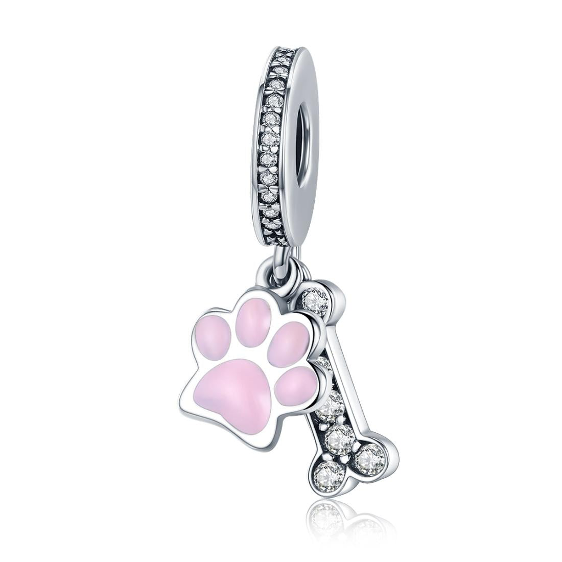 Dog Paw Print Bone Enamel Sterling Silver Zircon CZ Bead Charm Bracelet Necklace