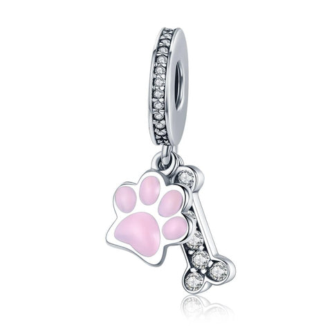 Dog Paw Print Bone Enamel Sterling Silver Zircon CZ Bead Charm Bracelet Necklace
