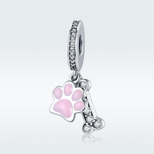 Dog Paw Print Bone Enamel Sterling Silver Zircon CZ Bead Charm Bracelet Necklace