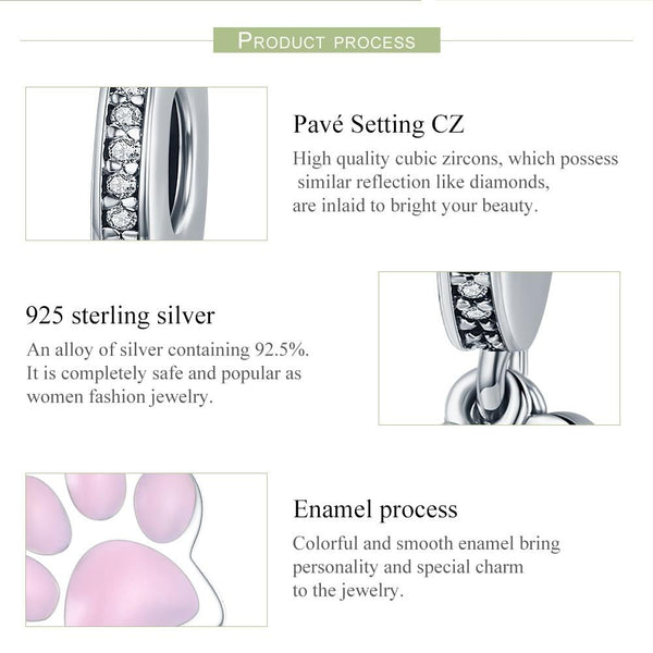 Dog Paw Print Bone Enamel Sterling Silver Zircon CZ Bead Charm Bracelet Necklace