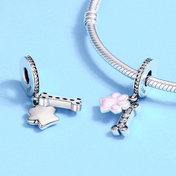 Dog Paw Print Bone Enamel Sterling Silver Zircon CZ Bead Charm Bracelet Necklace