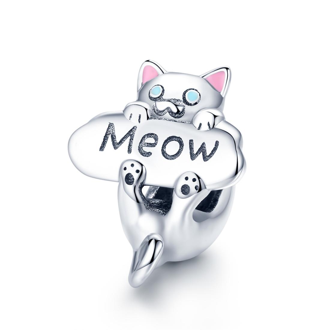 Meow Cat Enamel Sterling Silver Zircon CZ Bead Charm Bracelet Necklace