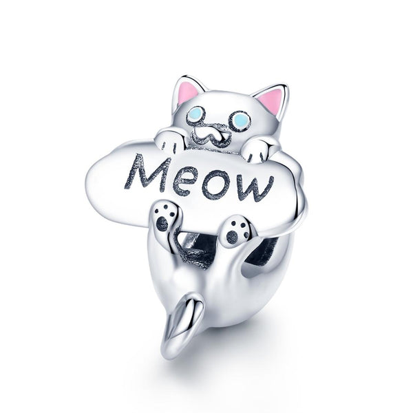 Meow Cat Enamel Sterling Silver Zircon CZ Bead Charm Bracelet Necklace