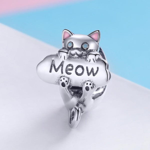 Meow Cat Enamel Sterling Silver Zircon CZ Bead Charm Bracelet Necklace