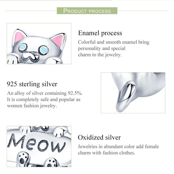 Meow Cat Enamel Sterling Silver Zircon CZ Bead Charm Bracelet Necklace