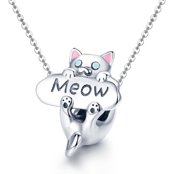 Meow Cat Enamel Sterling Silver Zircon CZ Bead Charm Bracelet Necklace