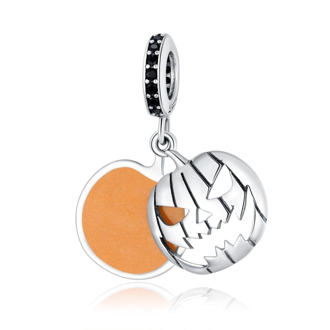 Halloween Pumpkin Enamel Sterling Silver Zircon CZ Bead Charm Bracelet Necklace