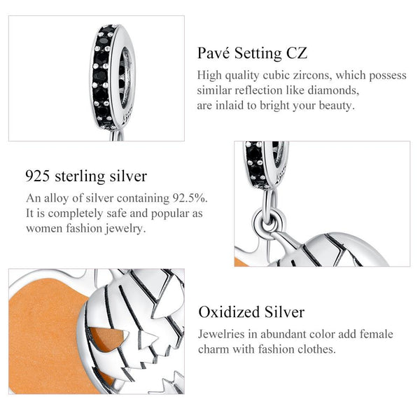 Halloween Pumpkin Enamel Sterling Silver Zircon CZ Bead Charm Bracelet Necklace