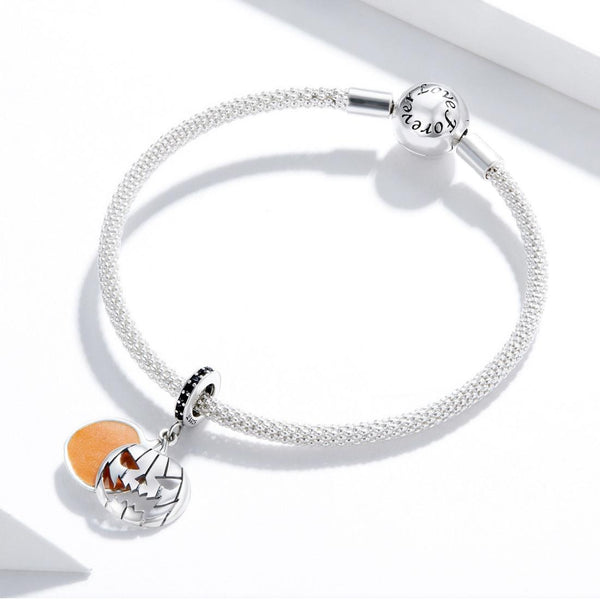 Halloween Pumpkin Enamel Sterling Silver Zircon CZ Bead Charm Bracelet Necklace