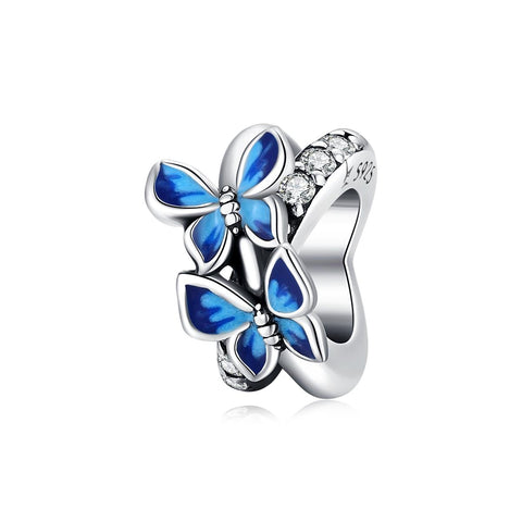 Blue Butterflies Enamel Sterling Silver CZ Bead Charm Pendant Bracelet Necklace