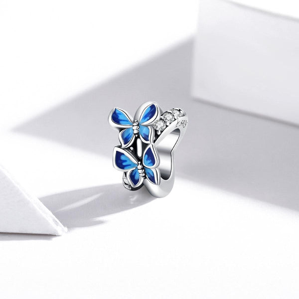 Blue Butterflies Enamel Sterling Silver CZ Bead Charm Pendant Bracelet Necklace