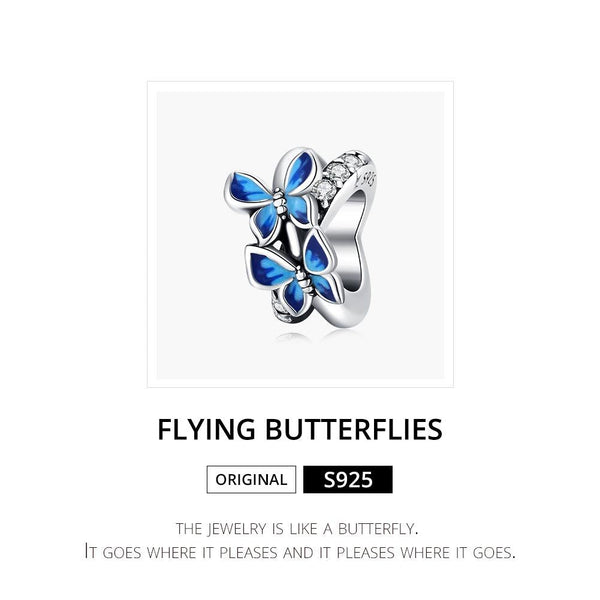 Blue Butterflies Enamel Sterling Silver CZ Bead Charm Pendant Bracelet Necklace
