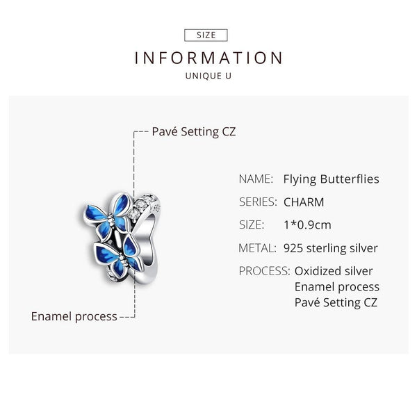 Blue Butterflies Enamel Sterling Silver CZ Bead Charm Pendant Bracelet Necklace