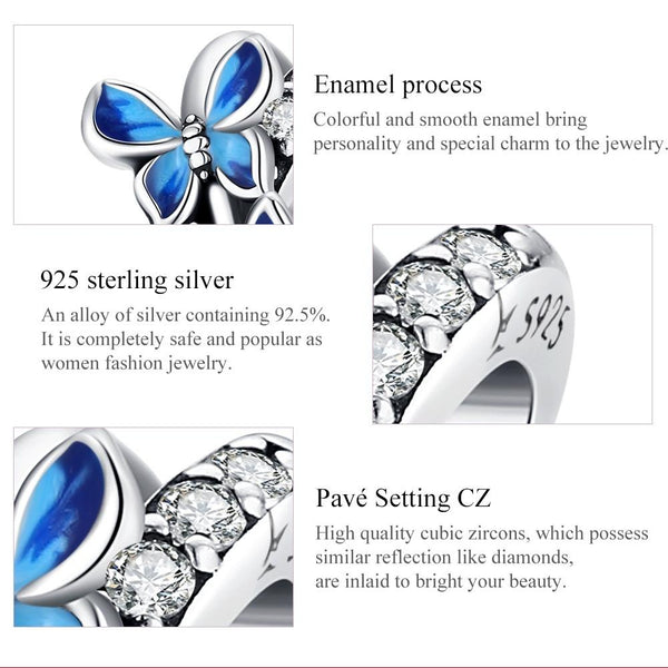 Blue Butterflies Enamel Sterling Silver CZ Bead Charm Pendant Bracelet Necklace