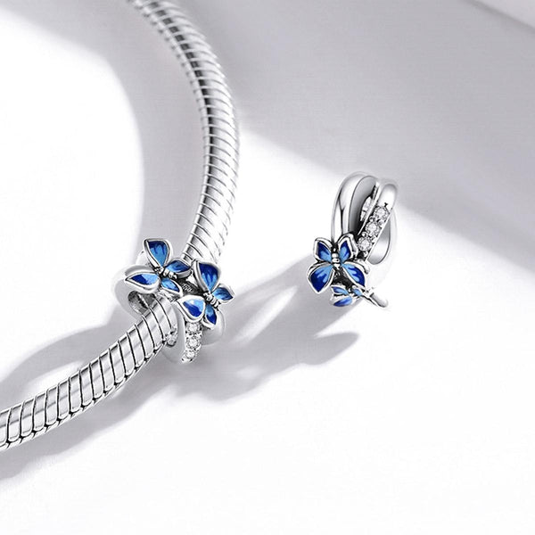 Blue Butterflies Enamel Sterling Silver CZ Bead Charm Pendant Bracelet Necklace
