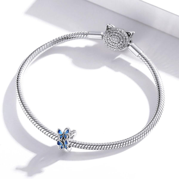 Blue Butterflies Enamel Sterling Silver CZ Bead Charm Pendant Bracelet Necklace
