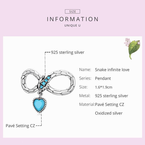 Snake Infinity Heart Sterling Silver Zircon CZ Bead Charm Bracelet Necklace