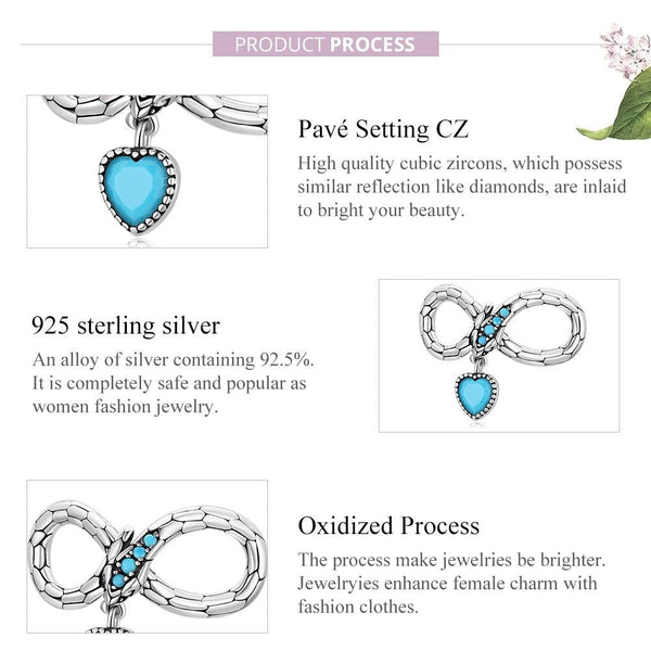 Snake Infinity Heart Sterling Silver Zircon CZ Bead Charm Bracelet Necklace