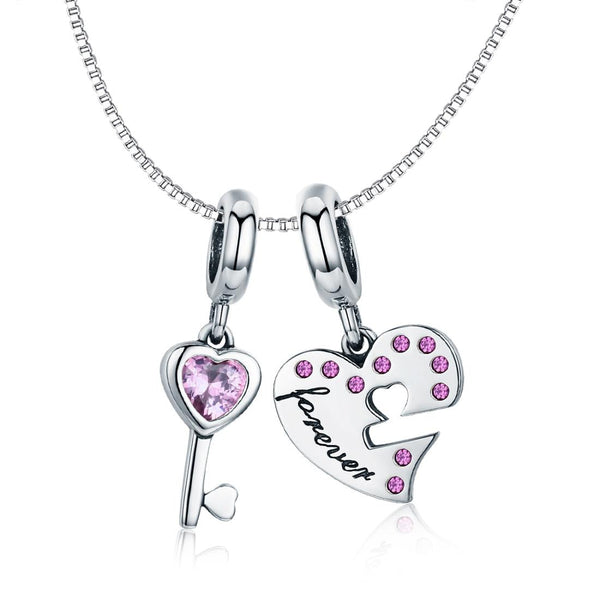 Key To My Heart Sterling Silver Zircon CZ Bead Charm Bracelet Necklace