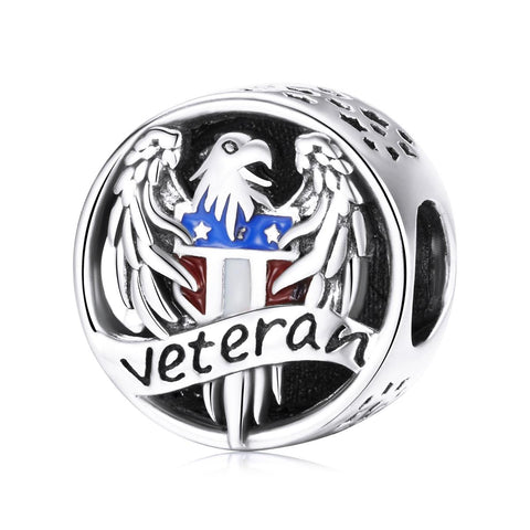US Veteran Eagle Enamel Sterling Silver Bead Charm Pendant Bracelet Necklace