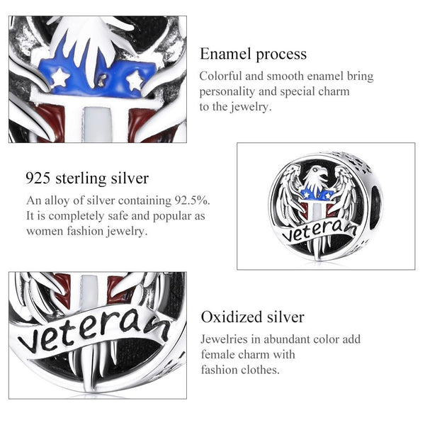 US Veteran Eagle Enamel Sterling Silver Bead Charm Pendant Bracelet Necklace