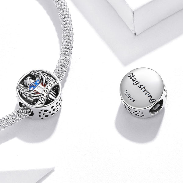 US Veteran Eagle Enamel Sterling Silver Bead Charm Pendant Bracelet Necklace