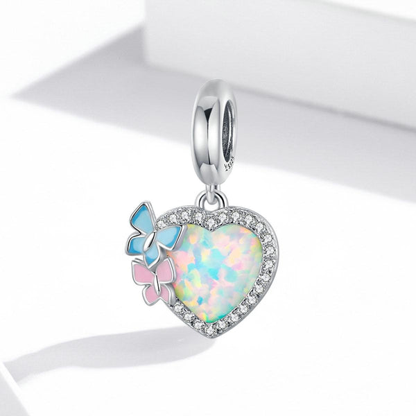 Opal Look Heart Enamel Butterflies Sterling Silver CZ Bead Charm Bracelet Necklace