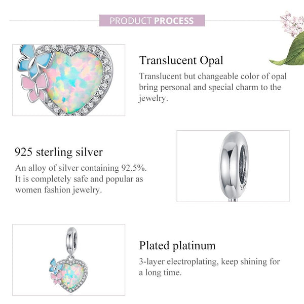 Opal Look Heart Enamel Butterflies Sterling Silver CZ Bead Charm Bracelet Necklace