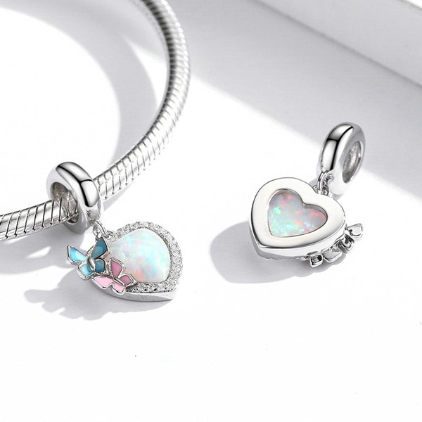 Opal Look Heart Enamel Butterflies Sterling Silver CZ Bead Charm Bracelet Necklace