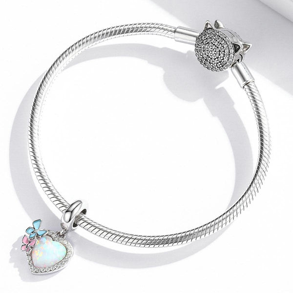 Opal Look Heart Enamel Butterflies Sterling Silver CZ Bead Charm Bracelet Necklace