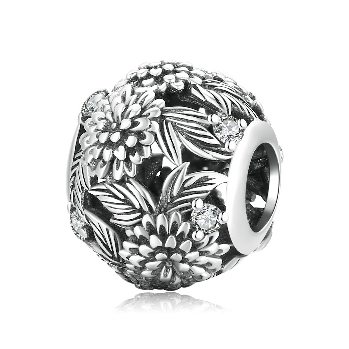 Chrysanthymum Floral Sterling Silver Spacer Bead Charm Pendant Bracelet Necklace