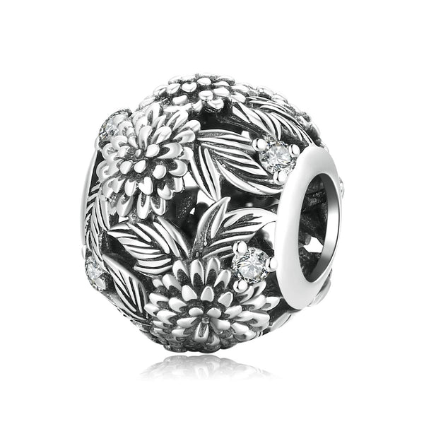 Chrysanthymum Floral Sterling Silver Spacer Bead Charm Pendant Bracelet Necklace