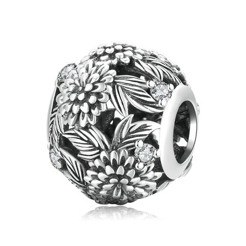 Chrysanthymum Floral Sterling Silver Spacer Bead Charm Pendant Bracelet Necklace