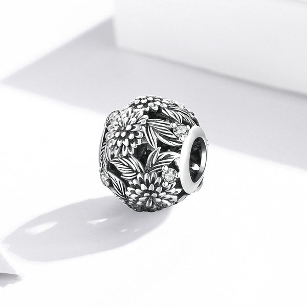 Chrysanthymum Floral Sterling Silver Spacer Bead Charm Pendant Bracelet Necklace