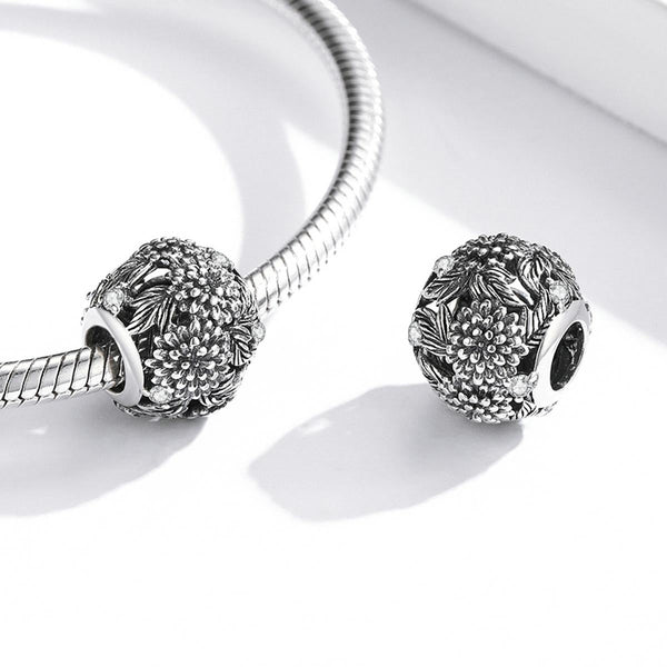 Chrysanthymum Floral Sterling Silver Spacer Bead Charm Pendant Bracelet Necklace